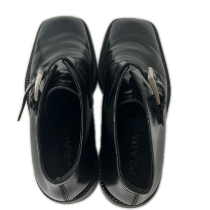 PRADA Black Leather Square Toe Single Monk Strap Boots