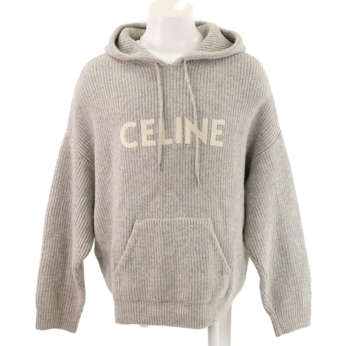 CELINE Hedi Slimane Wool Logo Pullover Hoodie Gray Size L