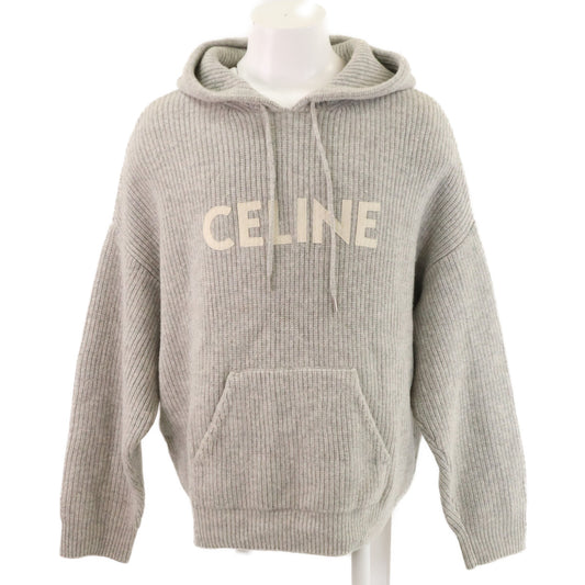 CELINE Hedi Slimane Wool Logo Pullover Hoodie Gray Size L