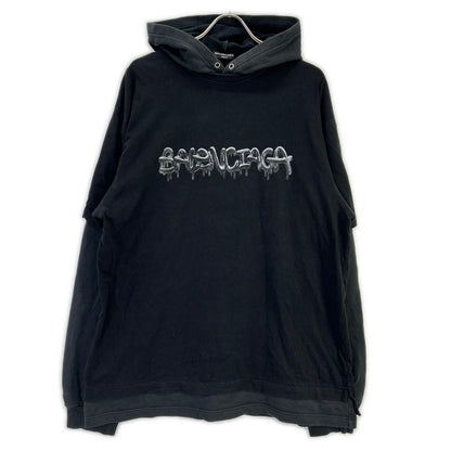 BALENCIAGA Graphic Logo Layered Pullover Hoodie Black Size M