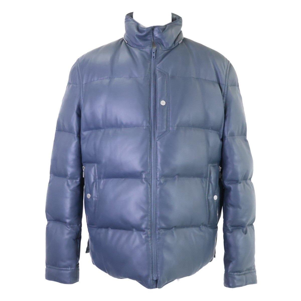 HERMES Sellier Button Lamb Leather Down Jacket Navy Size 52