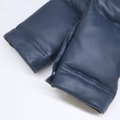 HERMES Sellier Button Lamb Leather Down Jacket Navy Size 52