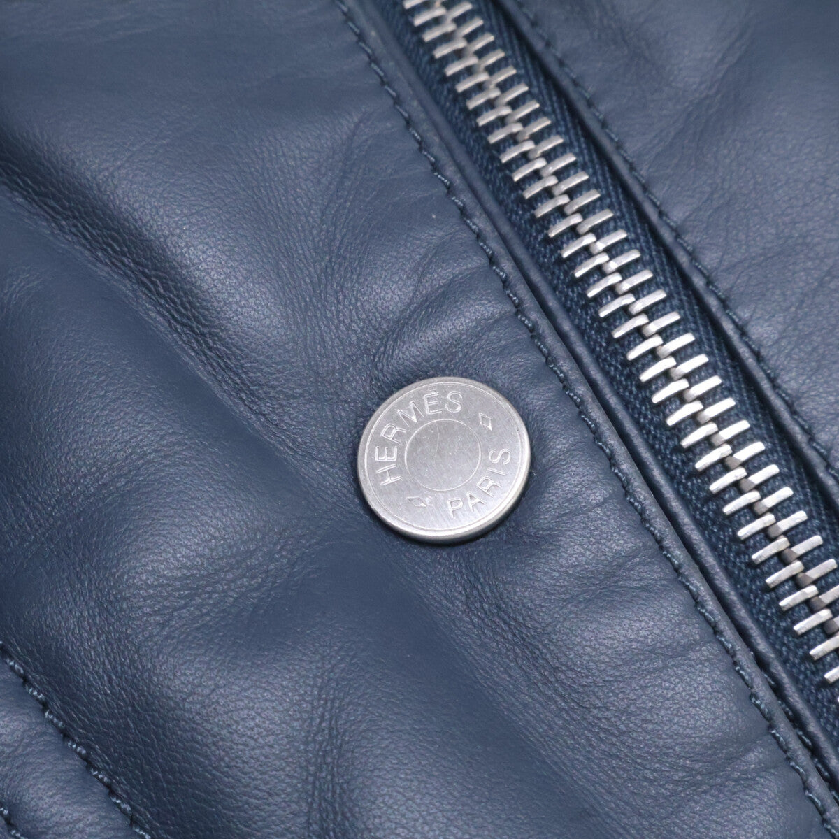 HERMES Sellier Button Lamb Leather Down Jacket Navy Size 52