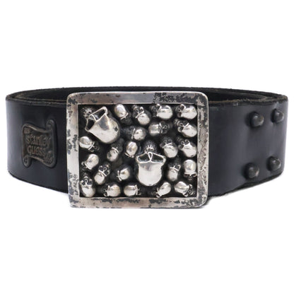 STANLEY GUESS Multi Skull Square Buckle Leather Belt Black
