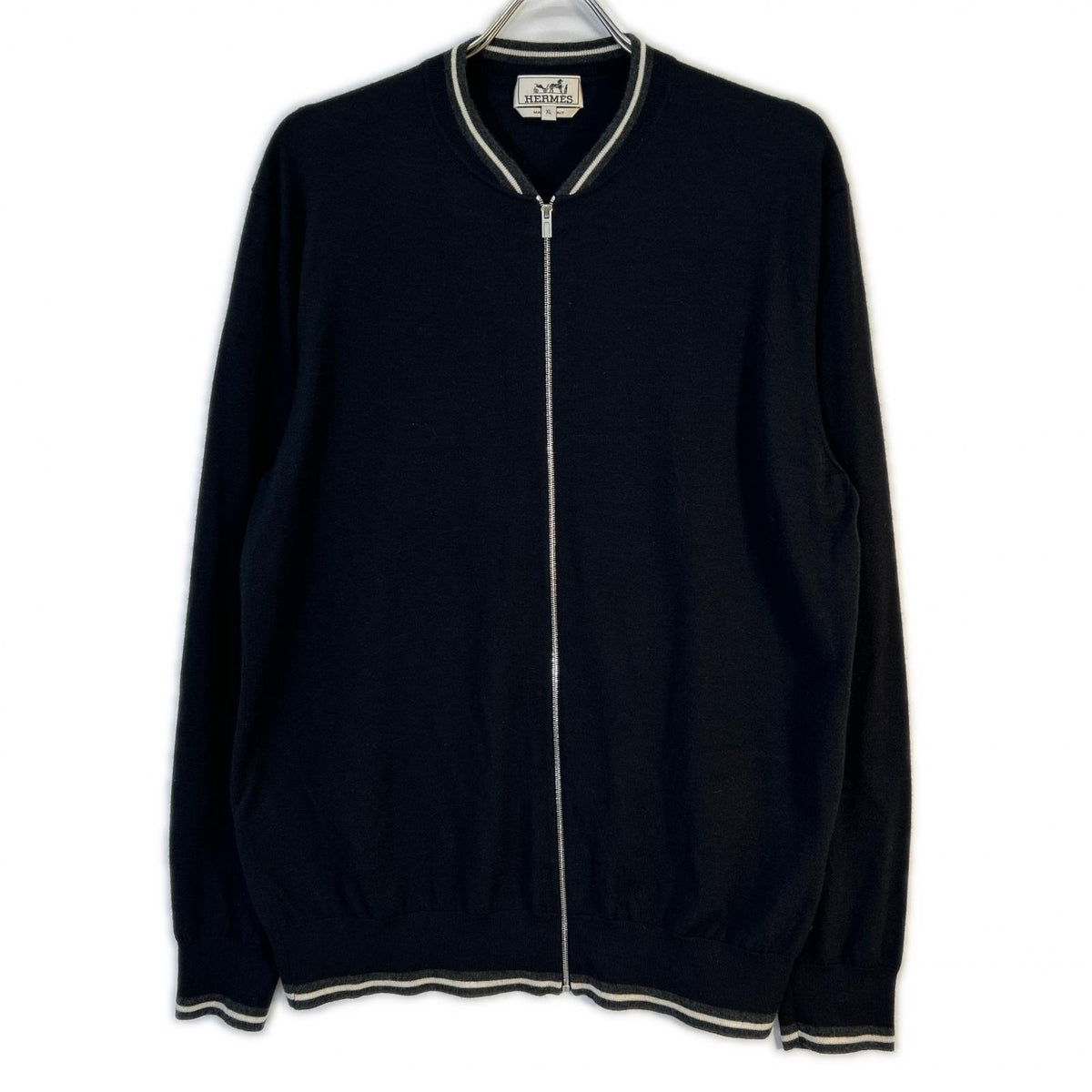 HERMES Cashmere Zip Cardigan Black Size XL