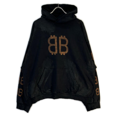 BALENCIAGA '23 BB Print Damaged Pullover Hoodie Black Size M