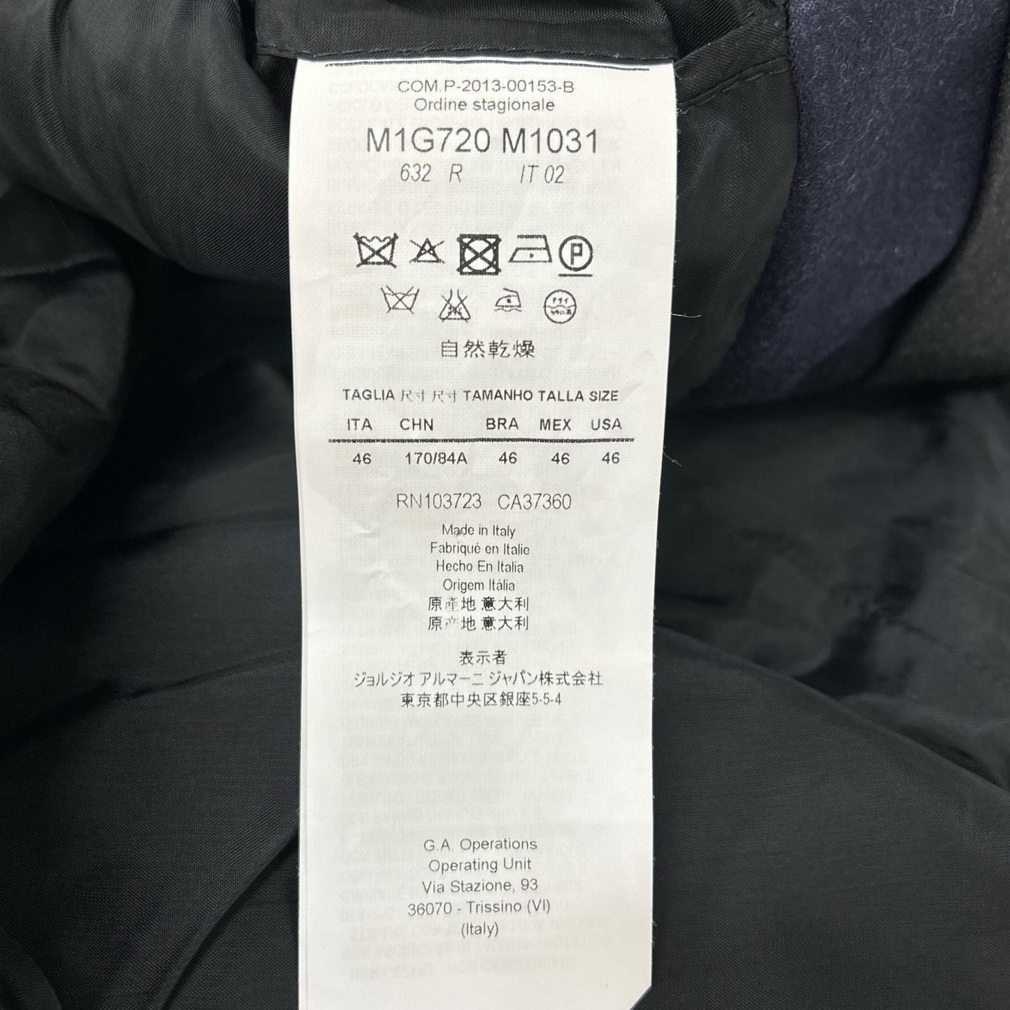EMPORIOARMANI M1G720 Milano 1B Wool Jacket Black Size 46