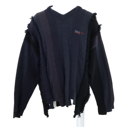 BALENCIAGA Striped Fringed V-Neck Wool Knit Sweater Size XS