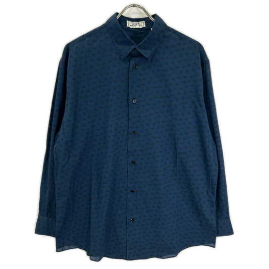 HERMES Blue Horse Pattern Selier Button Cotton Shirt Size 43