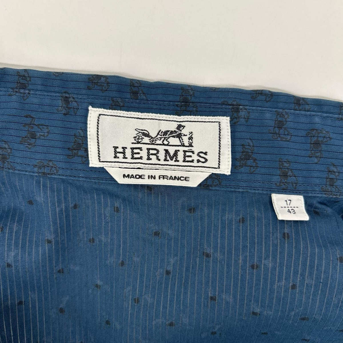HERMES Blue Horse Pattern Selier Button Cotton Shirt Size 43