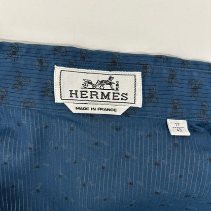 HERMES Blue Horse Pattern Selier Button Cotton Shirt Size 43