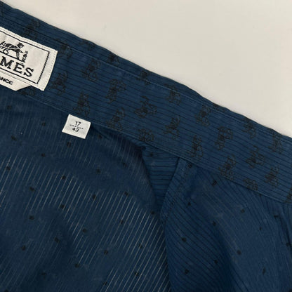 HERMES Blue Horse Pattern Selier Button Cotton Shirt Size 43
