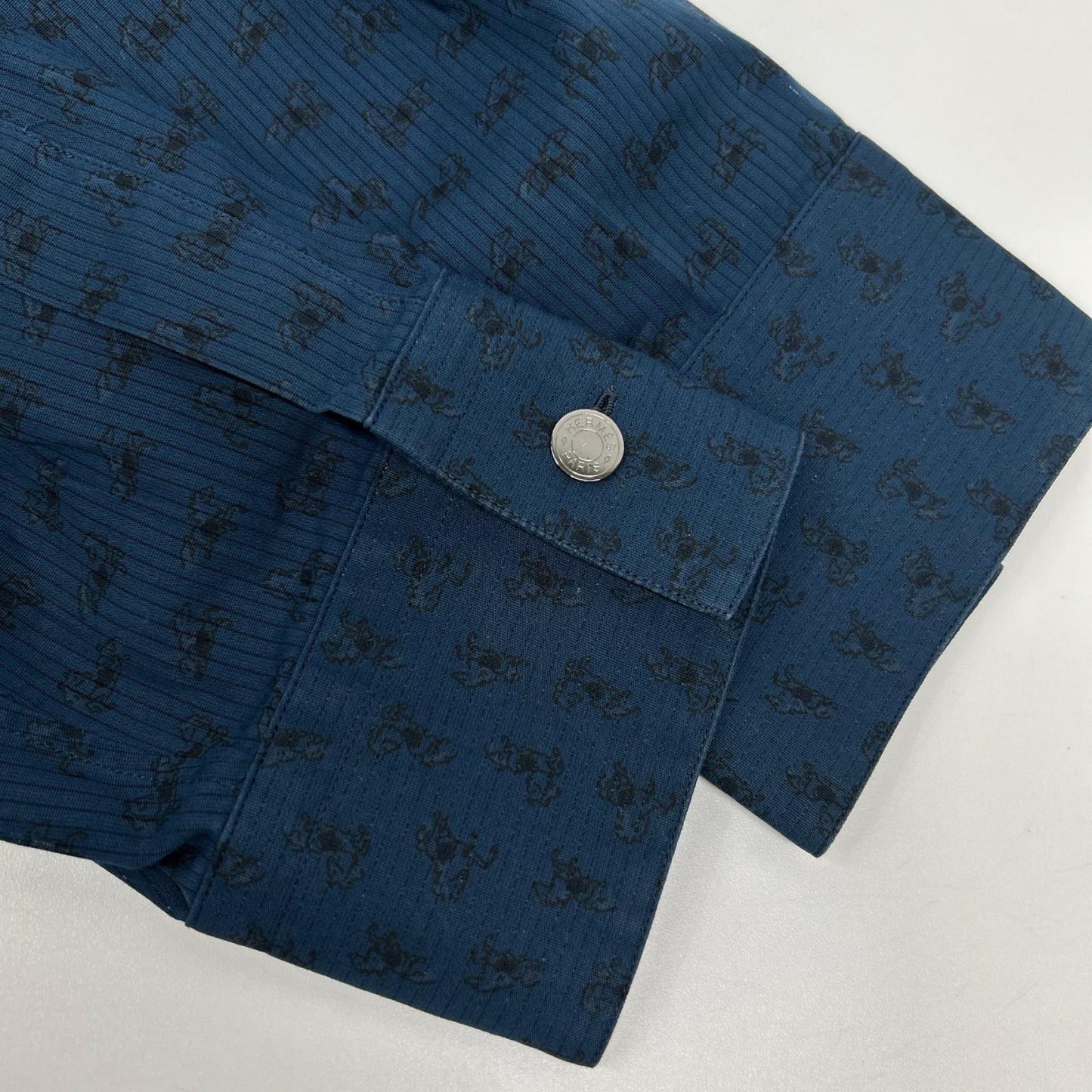 HERMES Blue Horse Pattern Selier Button Cotton Shirt Size 43