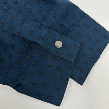 HERMES Blue Horse Pattern Selier Button Cotton Shirt Size 43