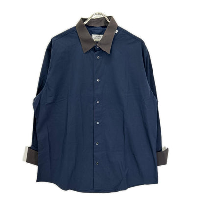 HERMES 2-Way Detachable Collar Band Shirt Navy/Brown Size 44