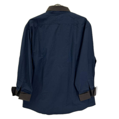 HERMES 2-Way Detachable Collar Band Shirt Navy/Brown Size 44