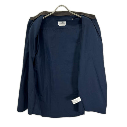 HERMES 2-Way Detachable Collar Band Shirt Navy/Brown Size 44