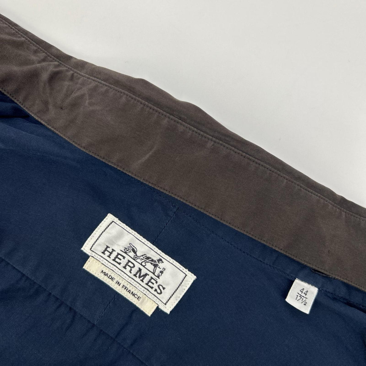 HERMES 2-Way Detachable Collar Band Shirt Navy/Brown Size 44