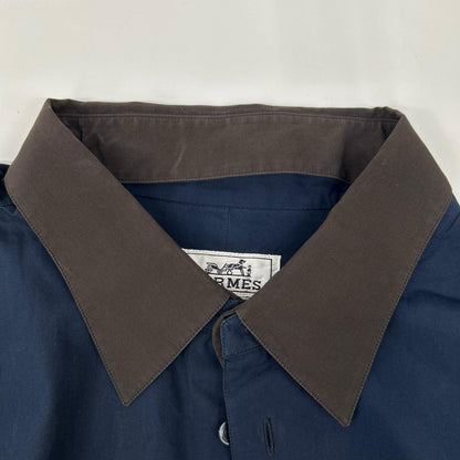 HERMES 2-Way Detachable Collar Band Shirt Navy/Brown Size 44