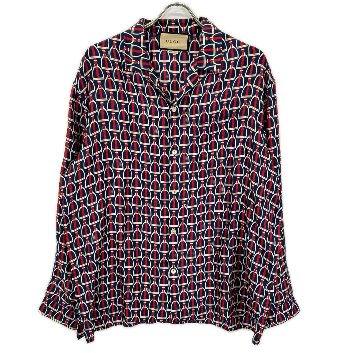 GUCCI 770426 ZAPD2 Navy Red Silk Horsebit Shirt Size 50