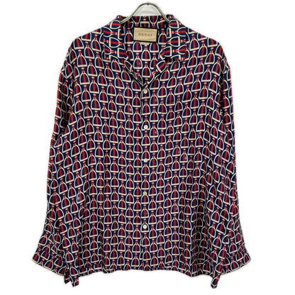 GUCCI 770426 ZAPD2 Navy Red Silk Horsebit Shirt Size 50