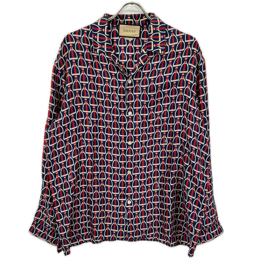 GUCCI 770426 ZAPD2 Navy Red Silk Horsebit Shirt Size 50