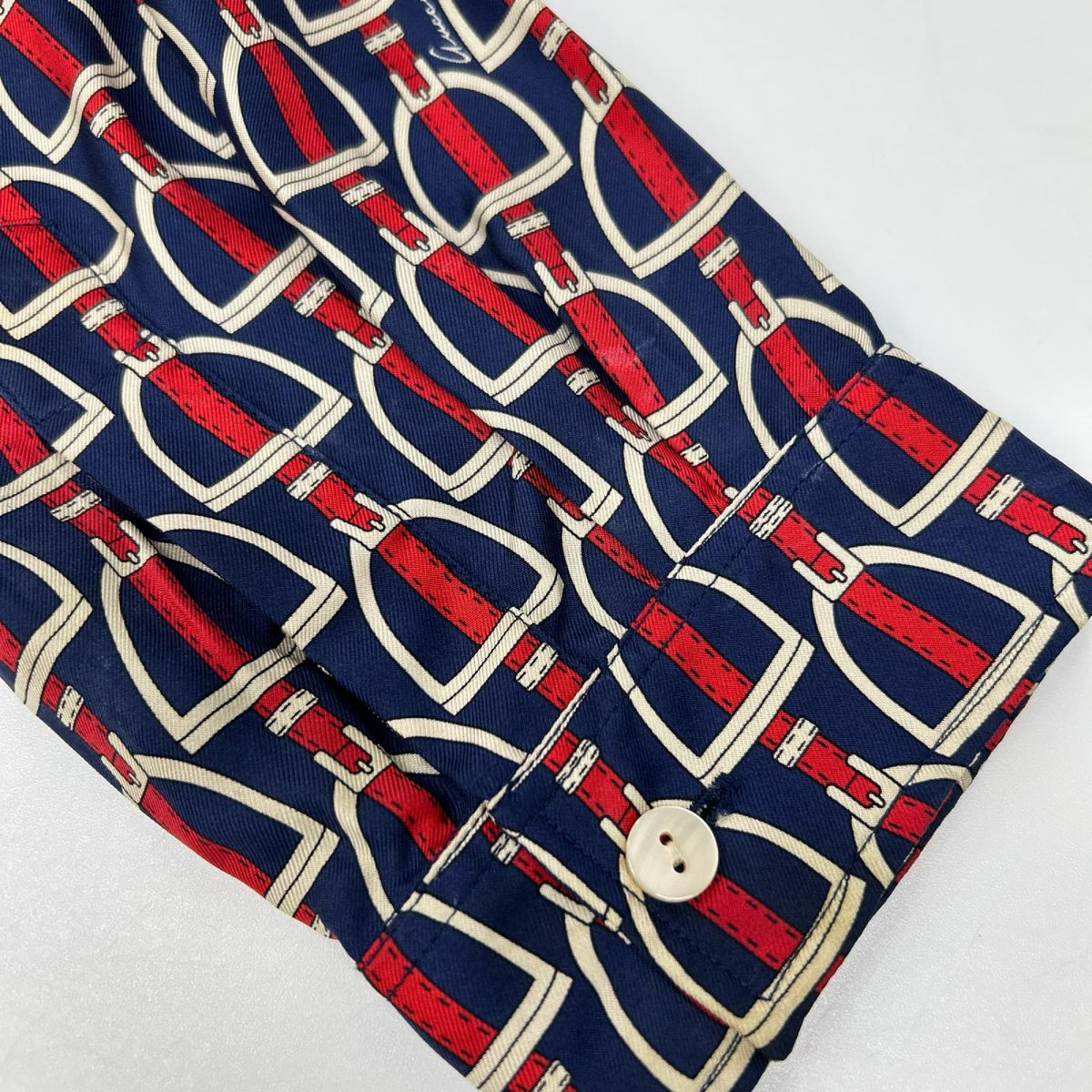 GUCCI 770426 ZAPD2 Navy Red Silk Horsebit Shirt Size 50