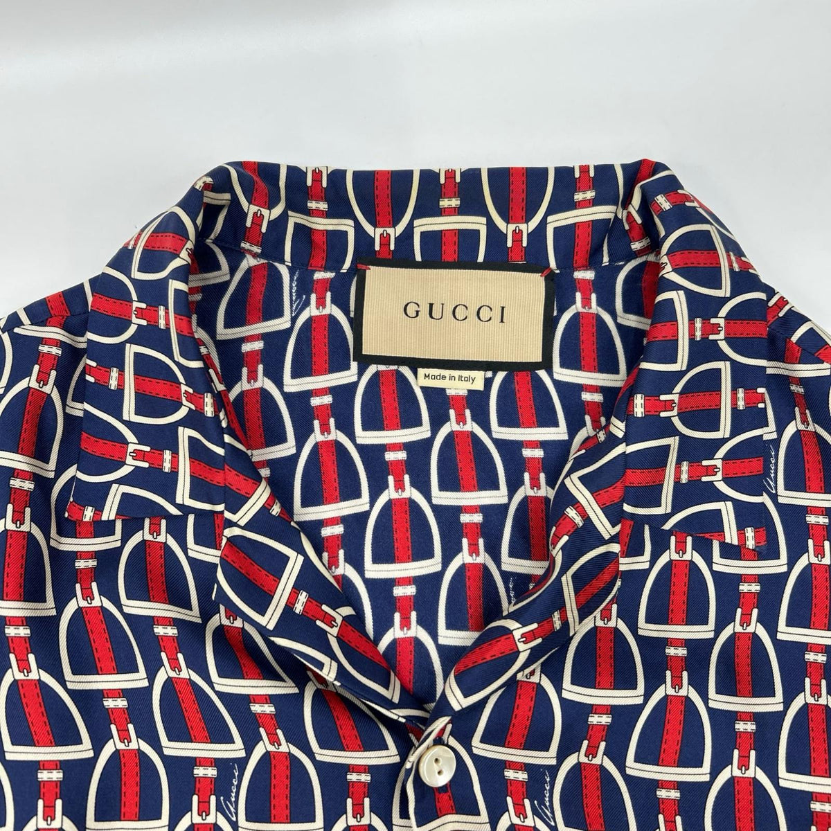GUCCI 770426 ZAPD2 Navy Red Silk Horsebit Shirt Size 50
