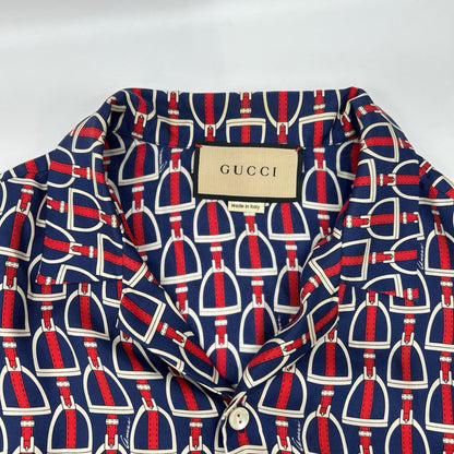 GUCCI 770426 ZAPD2 Navy Red Silk Horsebit Shirt Size 50