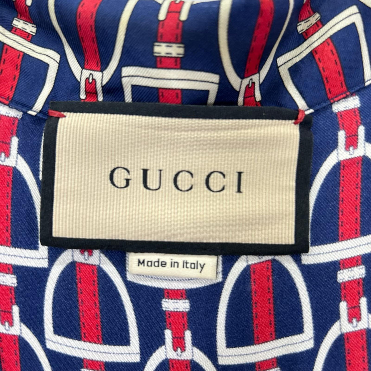 GUCCI 770426 ZAPD2 Navy Red Silk Horsebit Shirt Size 50