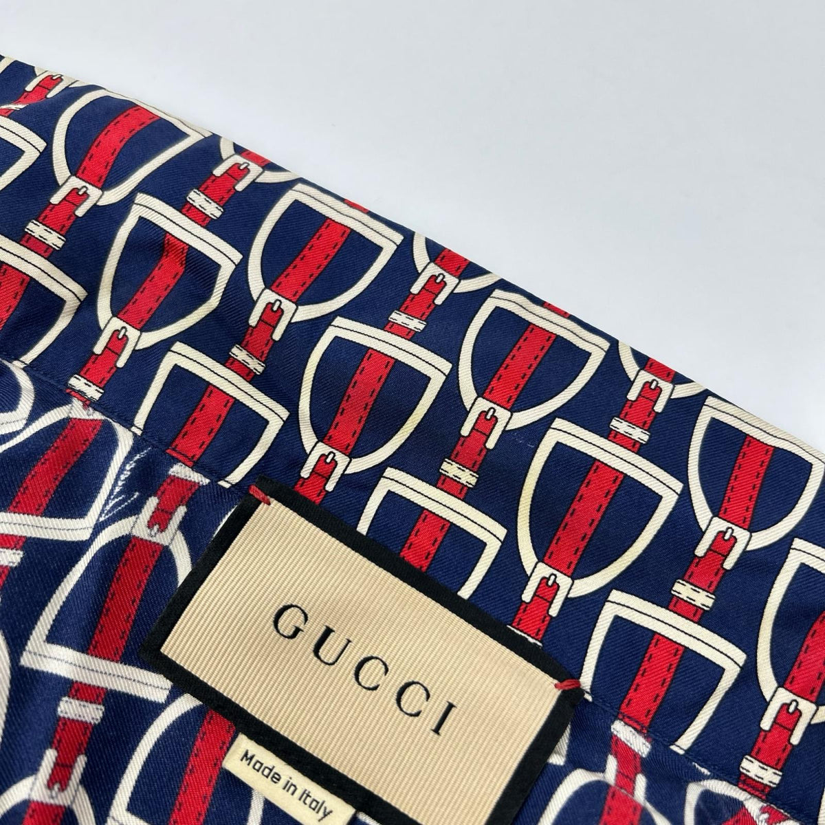 GUCCI 770426 ZAPD2 Navy Red Silk Horsebit Shirt Size 50