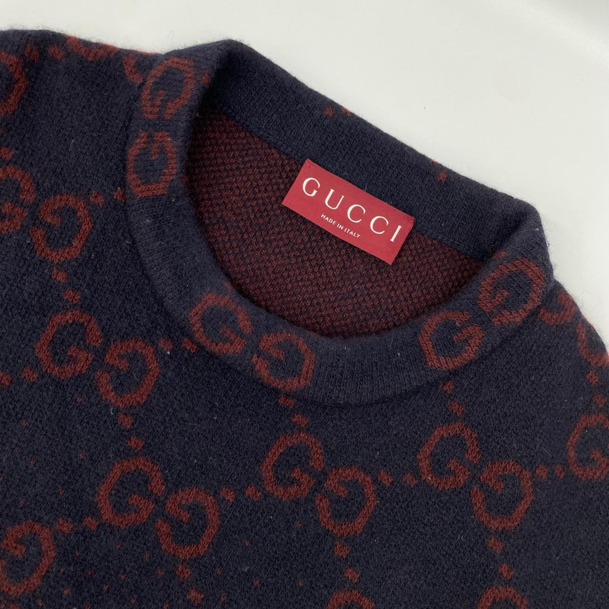 GUCCI Red/Navy GG Wool Knit Sweater Size M