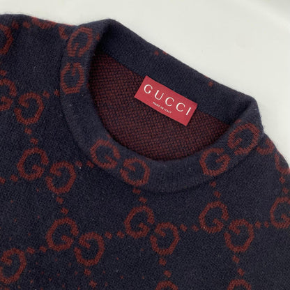 GUCCI Red/Navy GG Wool Knit Sweater Size M