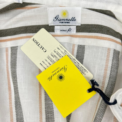 GIANNETTO White Cotton Linen Stripe Collar Shirt Size XS