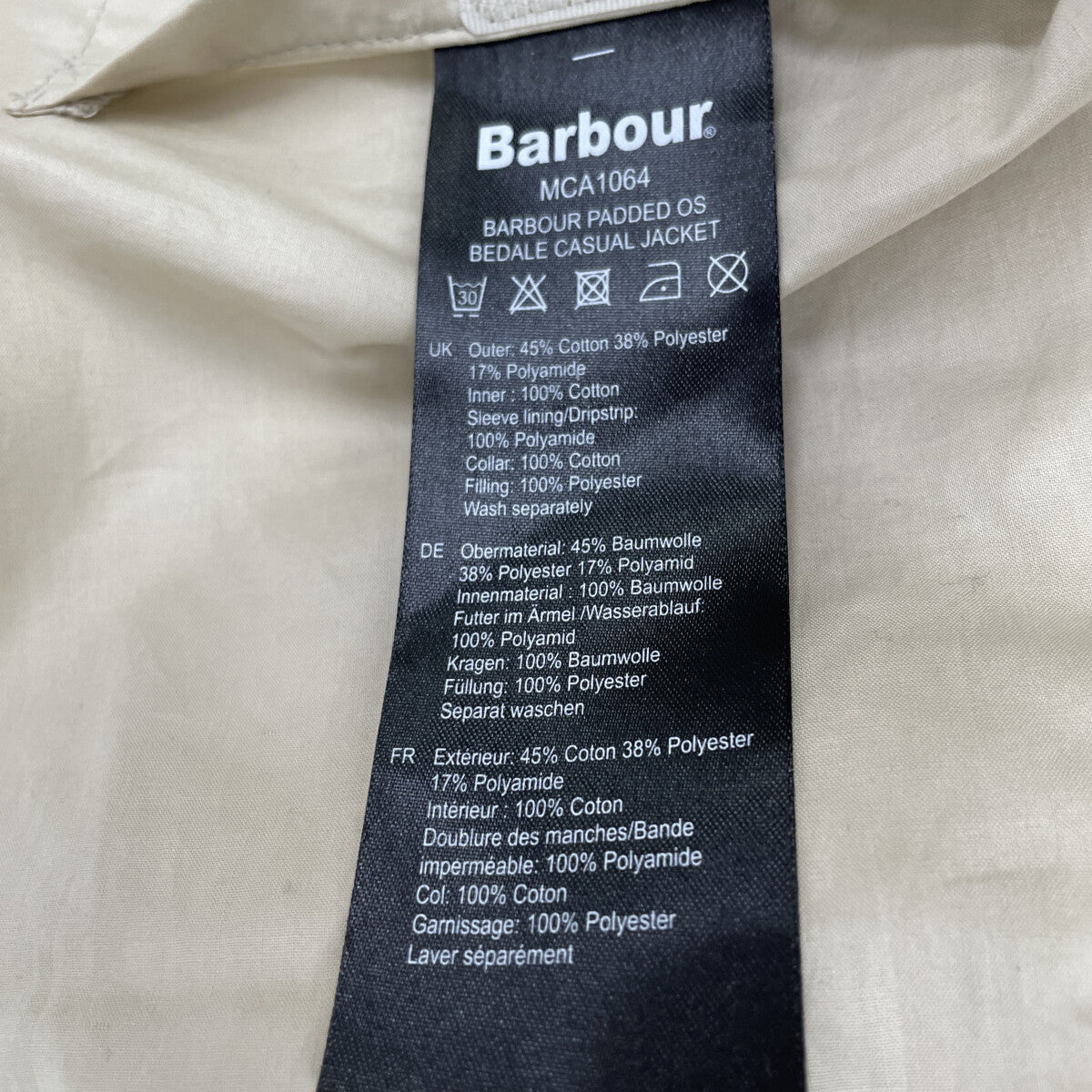 Barbour Padded Bedale Moleskin Jacket Beige Size 38