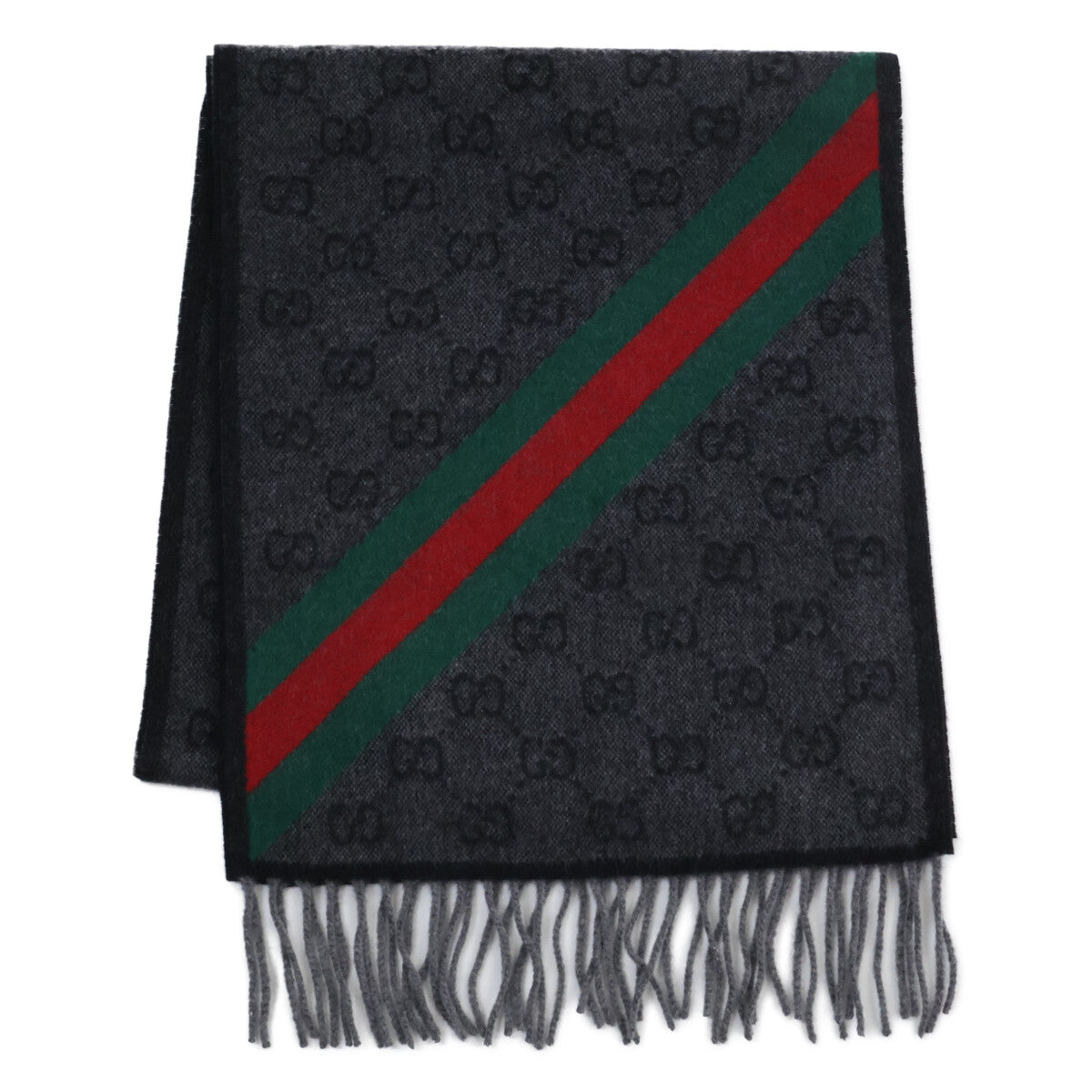 GUCCI Gray GG Wool Web Stripe Fringe Scarf Size ONE SIZE