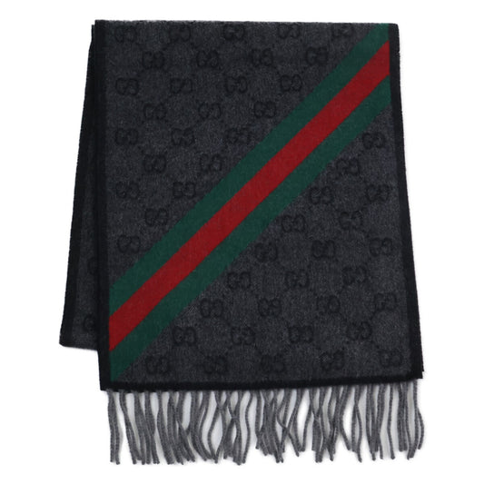 GUCCI Gray GG Wool Web Stripe Fringe Scarf Size ONE SIZE