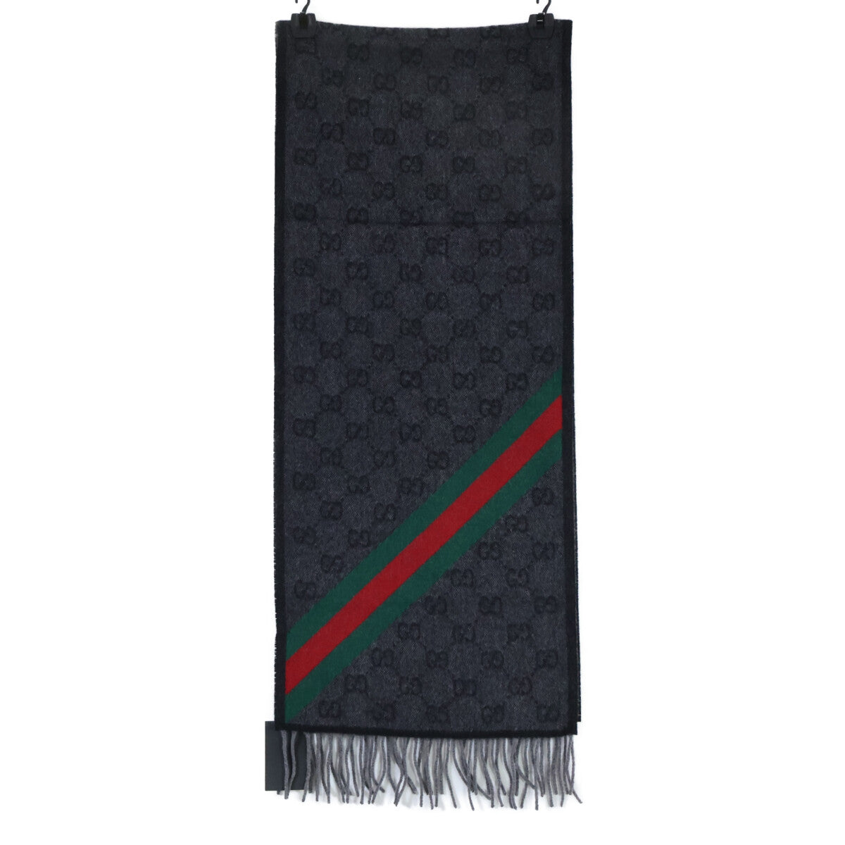 GUCCI Gray GG Wool Web Stripe Fringe Scarf Size ONE SIZE