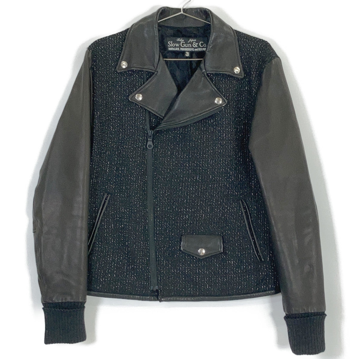 SLOW GUN Goat Leather x Tweed Double Rider Jacket Size 3