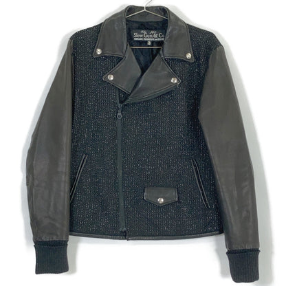 SLOW GUN Goat Leather x Tweed Double Rider Jacket Size 3