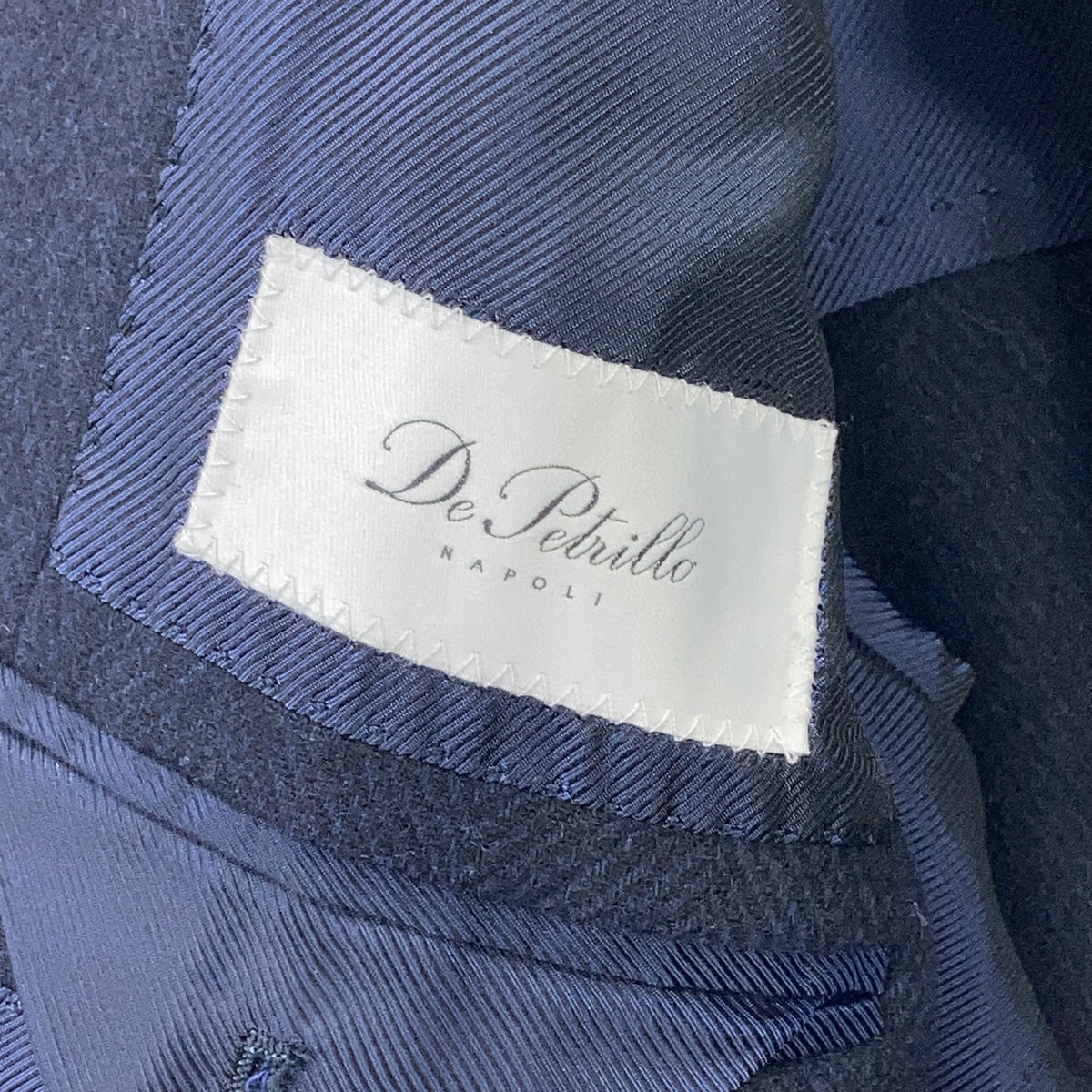 De Petrillo Navy Wool Blend Herringbone Chester Coat Size 46
