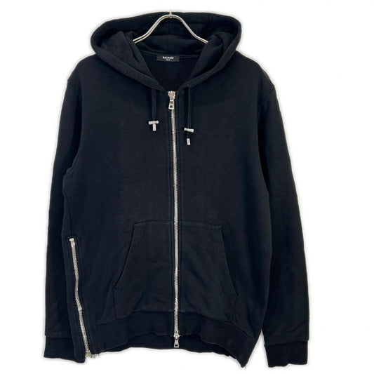 BALMAIN Back Logo Double Zip Hoodie Cotton Black Size M