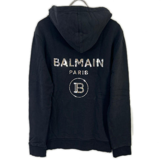 BALMAIN Back Logo Double Zip Hoodie Cotton Black Size M