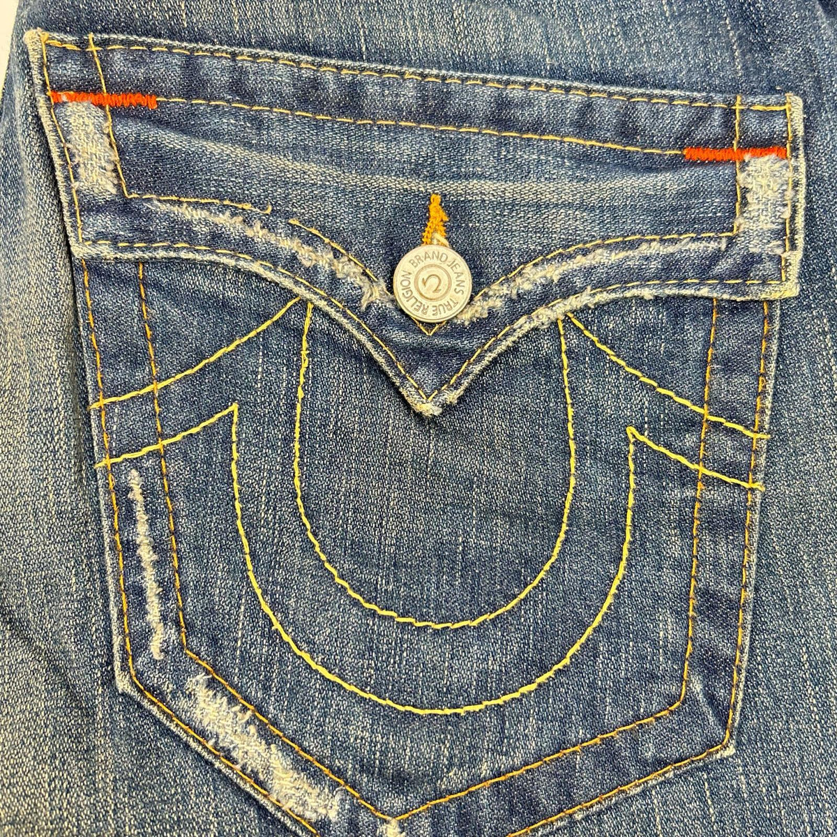 TRUE RELIGION JOEY USA Bootcut Denim Indigo Blue Boots Size 28×33