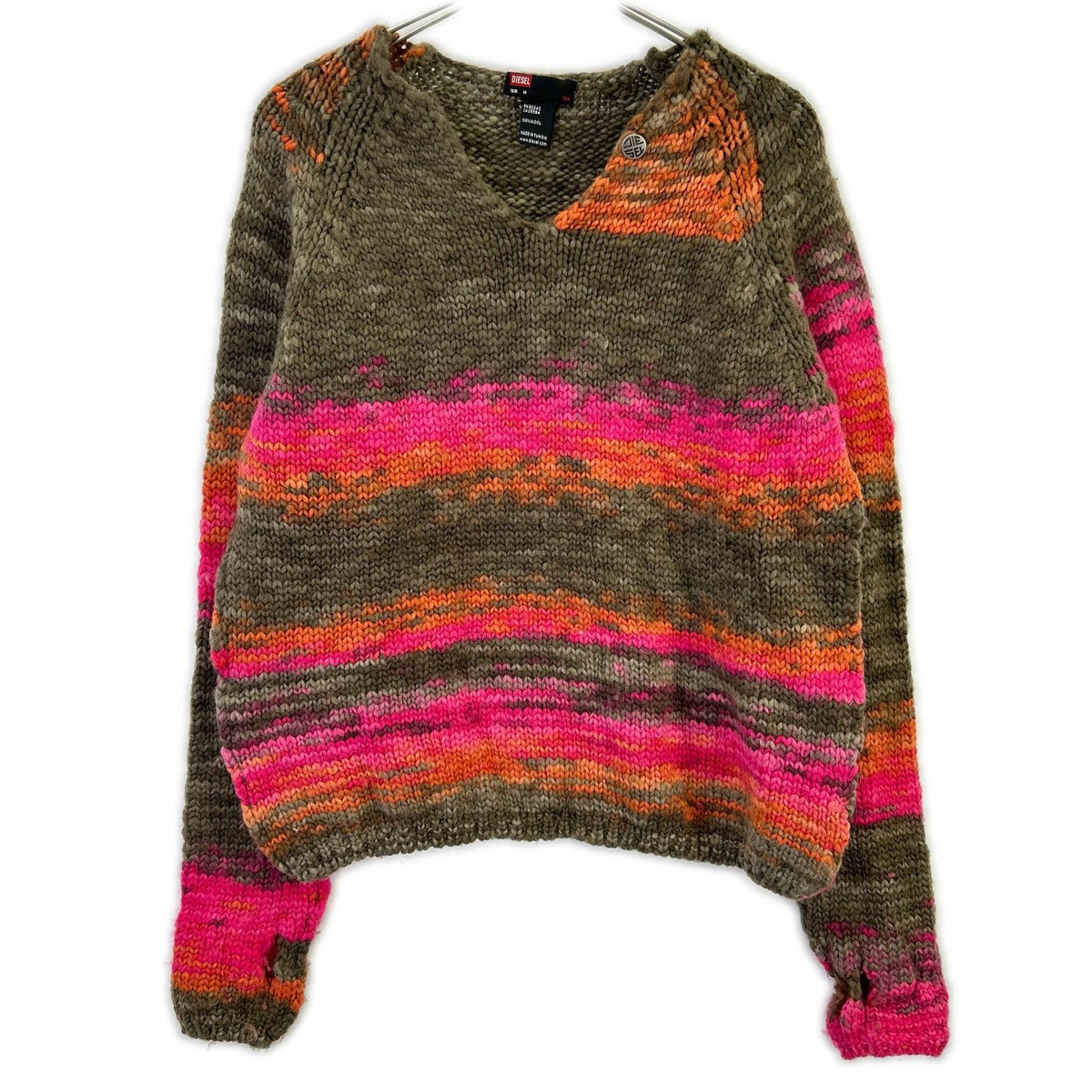 DIESEL Khaki/Pink Wool V-Neck Knit Sweater Size M