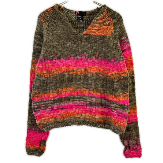 DIESEL Khaki/Pink Wool V-Neck Knit Sweater Size M