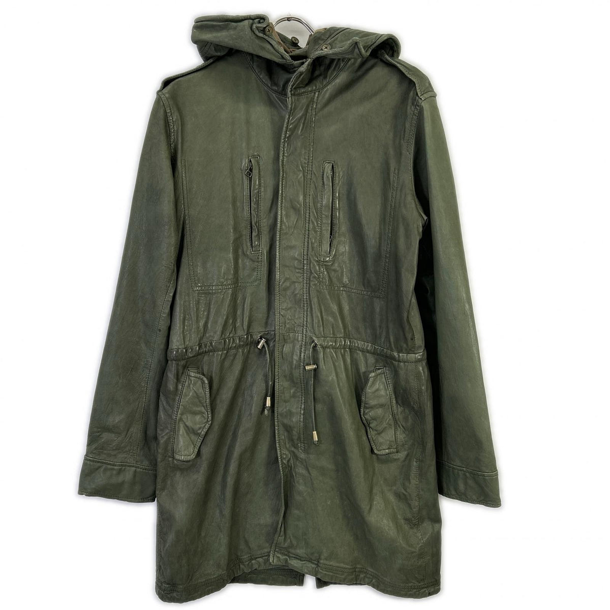 WHN WHN563 Lamb Leather Hooded Long Coat Khaki Size M