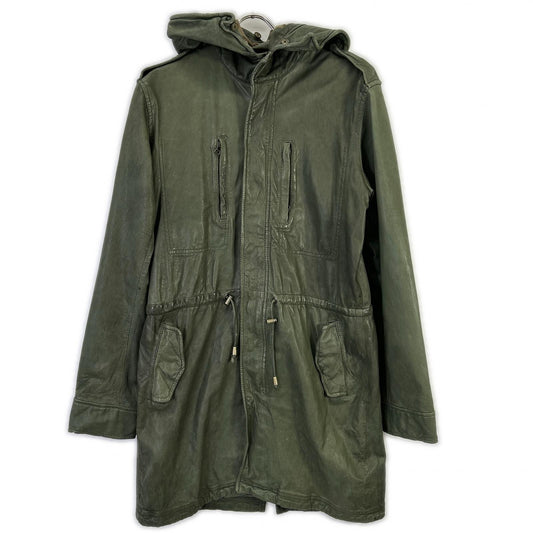 WHN WHN563 Lamb Leather Hooded Long Coat Khaki Size M