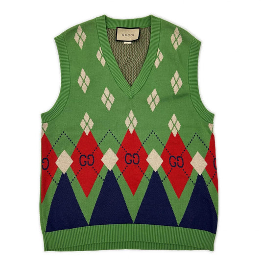 GUCCI 21AW Argyle Knit Vest Green Size M