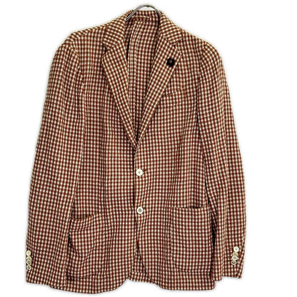 LARDINI Brown Cotton Linen Check 3B Jacket Size 46